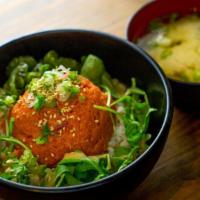 Spicy Tuna Don · Spicy. Ground tuna mixed with smelt egg, green onion, wasabi, sesame seed, arugula and miso ...
