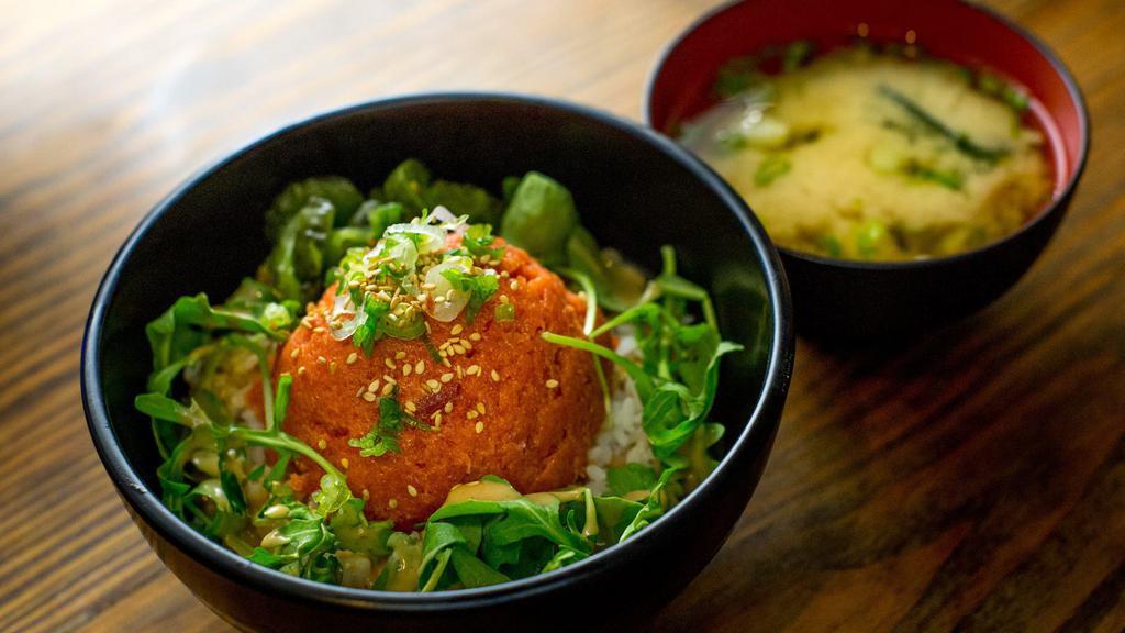Spicy Tuna Don · Spicy. Ground tuna mixed with smelt egg, green onion, wasabi, sesame seed, arugula and miso dressing. Serve with miso soup.