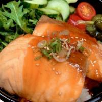Salmon Teriyaki Bowl · Salmon teriyaki, arugula, tomato, cucumber, Japanese pickles, scallion, sesame seed and miso...