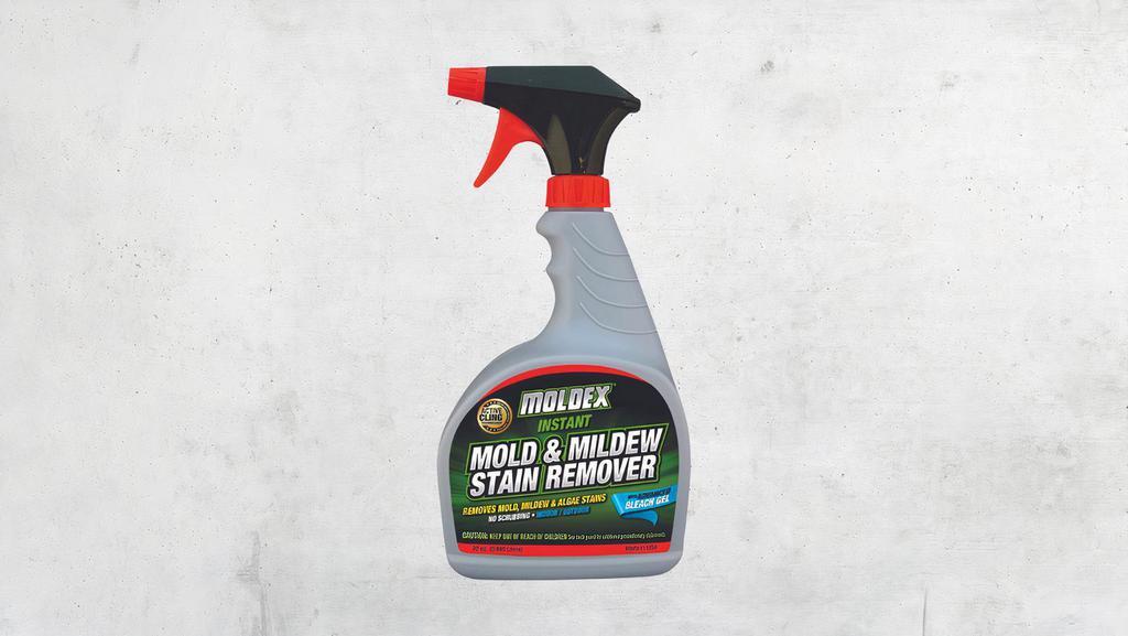 Moldex - Mold & Mildew Stain Remover (32 Oz.) · Formulated with Advanced Bleach Gel which is designed to penetrate deep and eliminate mold & mildew stains. Contains Active Cling technology that allows powerful cleaning agents to remain or hold onto vertical surfaces longer. Phosphate free.