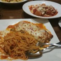 Spaghetti Carbonara · Pancetta, egg, black pepper, Pecorino cheese, cream, peas.