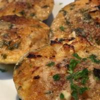 Baked Clams (6 Pieces) · Chopped clams topped with seasoned bread crumbs.