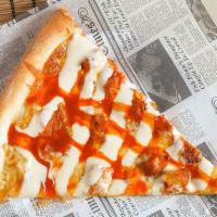 Buffalo Chicken Gourmet Pizza · Spicy. Crispy round topped with Louisiana style spicy chicken pieces, blue cheese sauce and ...