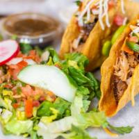 Crispy Tacos · Served with lettuce, pico de gallo, beans, sour cream and shredded cheese with your choice o...