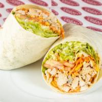 Buffalo Chicken Wrap · Grilled chicken, lettuce, shredded carrots, chopped celery, cheddar jack cheese, crumbled bl...