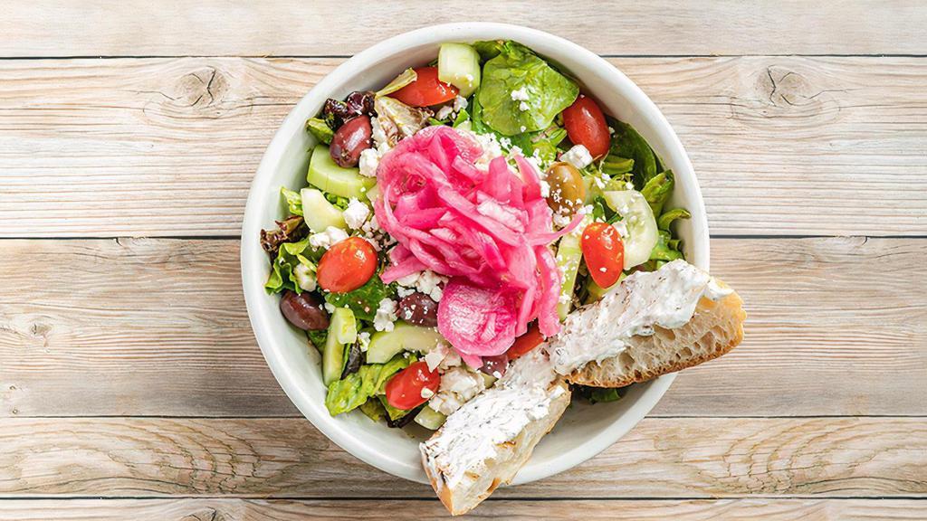 Greek Salad (Lunch) · Cherry tomatoes, cucumbers, marinated red onions, romaine, mixed greens, olives, feta & balsamic lemon dill vinaigrette with herbed goat cheese on a grilled baguette.