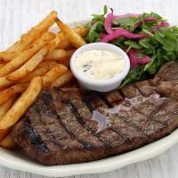 Grilled Ny Strip Steak · with fries, arugula and marinated red onion salad and garlic, herb aioli