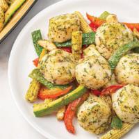Scallops With Garlic Pesto Sauce (Ready To Cook) - 12 Oz. · Ready to cook, our fresh wild-caught North Atlantic sea scallops are served with zucchini, a...