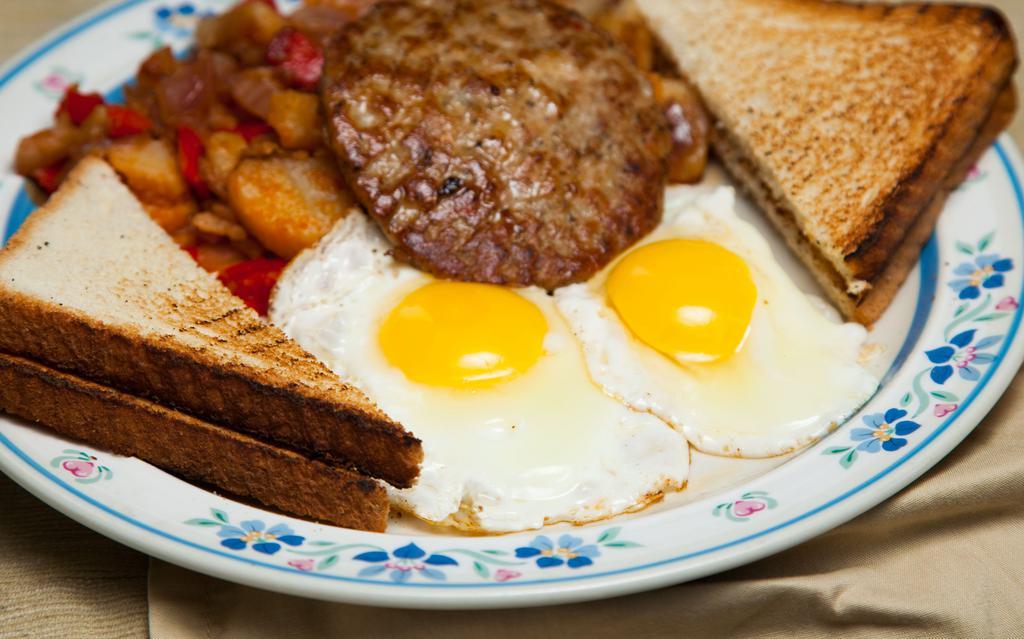 Breakfast Platter · 2 eggs, bacon or ham or sausage, home fries & toast.