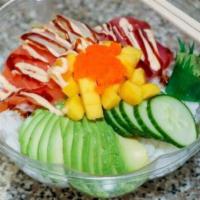 Sushi Bowl · Salmon, tuna, yellowtail, avocado, cucumber, crunch mango, spicy mayonnaise, sweet sauce, an...