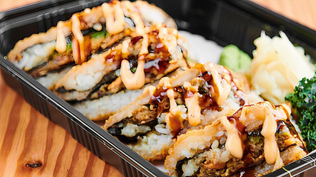 House Special Tempura Sandwich · Kani cooked salmon, avocado, spicy mayonnaise, and eel sauce.
