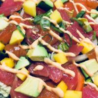 Sushi Salad · Fresh salmon, tuna, lettuce, cucumber, tomato, mango, avocado with spicy mayonnaise, onion, ...