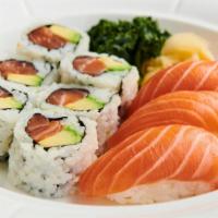 Salmon Combo · Salmon avocado roll and three salmon sushi. Served with miso soup or salad.