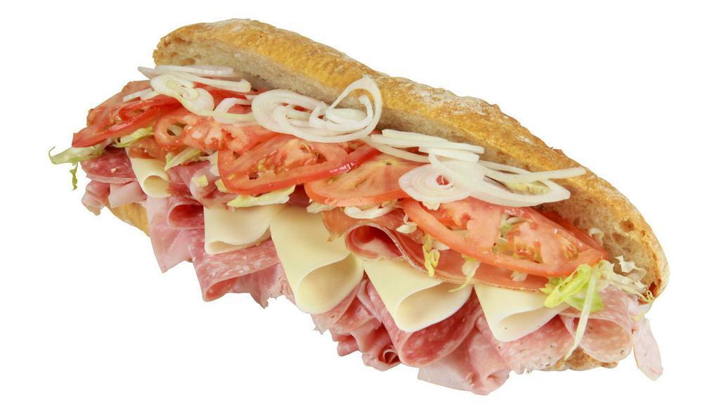 Italian Sub · Freshly sliced ham, Genoa salami and provolone cheese with toppings on a bread.