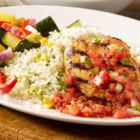 Mexican Grilled Chicken · Mesquite-grilled chicken breast topped with salsa and pico de gallo. Served with sautéed veg...