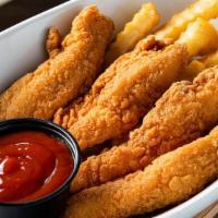 Kids Border Chicken Strips · Four all-white meat crispy chicken tenders. Served with fries.