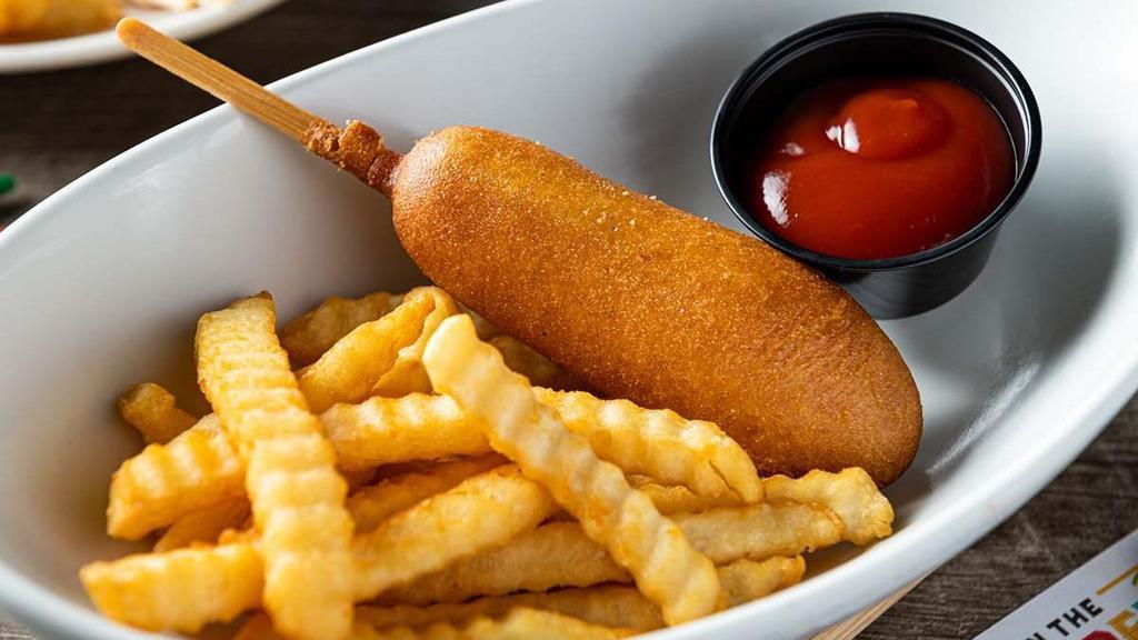 Kids Corn Dog · Served with fries.