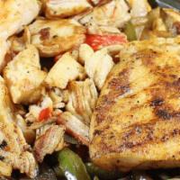 Fajitas · (Opción de pollo, bistec ó camarón) Choice of chicken, steak or shrimp. Mixed w/ peppers & o...