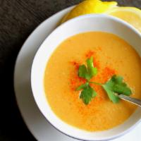 Red Lentil Soup · Pureed red lentils, onions, carrots, garlic, butter, tomato paste, cumin, black pepper, and ...