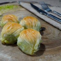 Mussel Baklava · Layers of filo pastry, filled with pistachio and butter cream