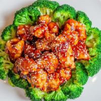 Sesame Chicken · Served with roast pork fried rice or white rice and wonton soup or egg drop soup or hot and ...