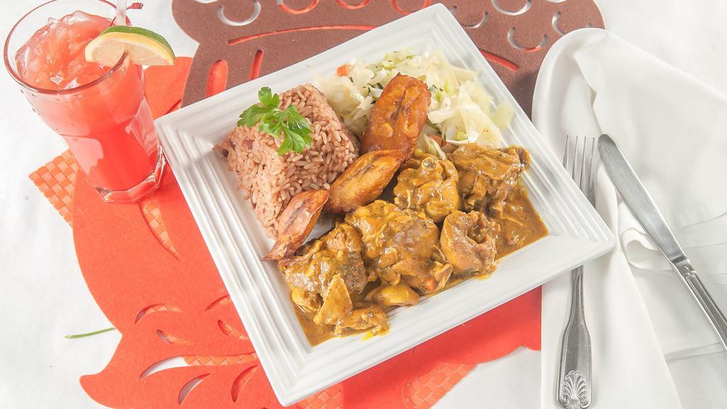 Curried Chicken Large Meal · Tender chicken simmered in our house blend of curry, and spices served with white rice and vegetables.