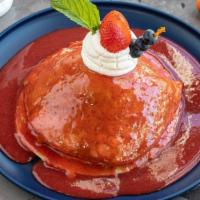 Strawberry Shortcake Pancake · Strawberry compote with whipped cream.