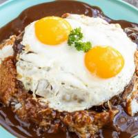 Hawaiian Loco Moco · Hamburger patty, brown gravy, rice, two eggs any style.

Consuming raw or undercooked foods ...