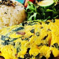 Spinach Mushroom Omelet · Mushrooms, spinach, swiss cheese served with choice of rice, potato, or hash brown.