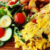 Kalua Pig Omelet · Kalua pig, bell pepper, mushrooms, onion, zucchini served with choice of rice, potato, or ha...