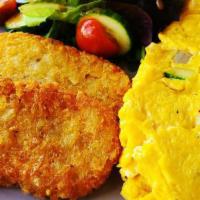 Veggie Omelet · Bell pepper, mushroom, onion, zucchini served with choice of rice, potato, or hash brown.