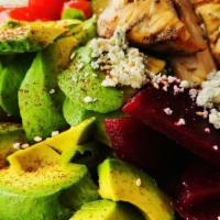 Avocado Beet Chicken Salad · Fresh spring mix, avocado, tomato, chicken, beets, and blue cheese.