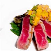 Family Yellowfin Tuna · Yellowfin tuna steak, snow peas, spring garlic, mango-avocado salsa