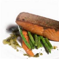 Family Salmon · Norwegian salmon filet, baby carrot, green bean, salsa verde