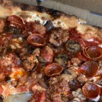 Sonny Supreme · Fresh mozzarella, herbed mushrooms, balsamic red onions, hot fennel sausage, pepperoni and t...