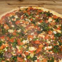 Veggie Royale · Aged mozzarella, tomatoes, herbed mushrooms, balsamic red onions, broccoli rabe w/garlic, fr...