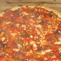 The Dave & Tony · Fresh mozzarella, hot fennel sausage, roasted peppers, balsamic red onions and tomato sauce.