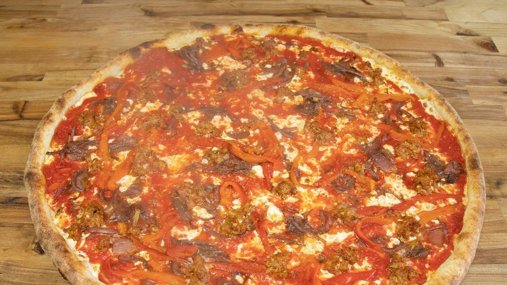 The Dave & Tony · Fresh mozzarella, hot fennel sausage, roasted peppers, balsamic red onions and tomato sauce.
