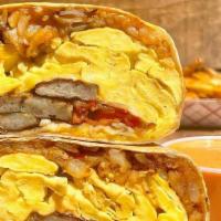 The Hangover Burrito · Flour tortilla filled with scrambled eggs, crispy bacon, sausage, Home fries, melted America...