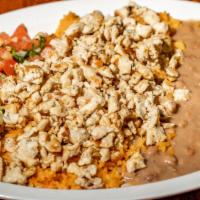 Gym Bowl · Mexican rice, beans, pico de gallo and grilled chicken topped with guacamole.