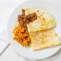 Quesadillas · Flour tortilla, served with pico de gallo, corn, sour cream and salsa verde.