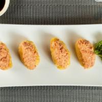 Spicy Tuna Crispy Rice (4 Pcs) · Four pieces crispy sushi rice deep-fried, spicy tuna on top with mixed eel sauce and spicy m...