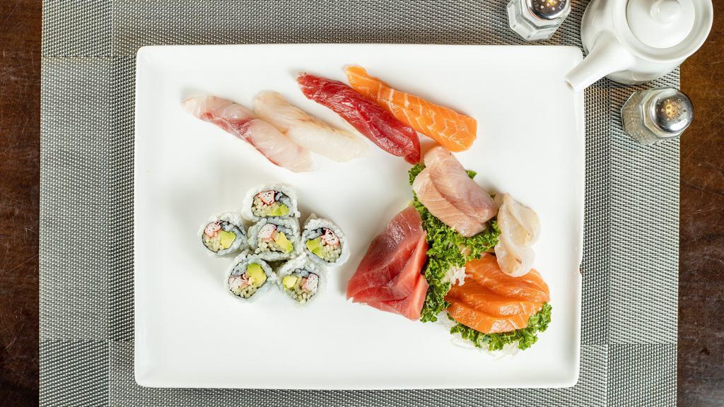 Sushi & Sashimi Combo Dinner · Ten pieces, assorted raw fish and four and assorted sushi and California roll.