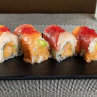 Sexy Girl · Spicy. Spicy crunch, yellowtail, avocado inside, topped with yellowtail, salmon, tuna, with ...