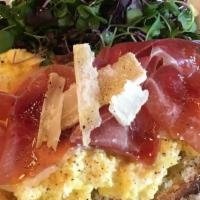 The San Marco · Steamed eggs over toast with la quercia prosciutto and fresh grated parmesan. Served with si...