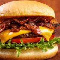 Bacon Cheeseburger · Juicy yummy 1/2 lb sirloin beef burger with lettuce, cheese, crispy bacon, and tomatoes, ser...