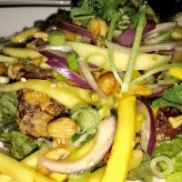 Mango Salad · Hot and spicy. Sliced mango, red onion, scallions and cashew nuts in spicy lime juice.