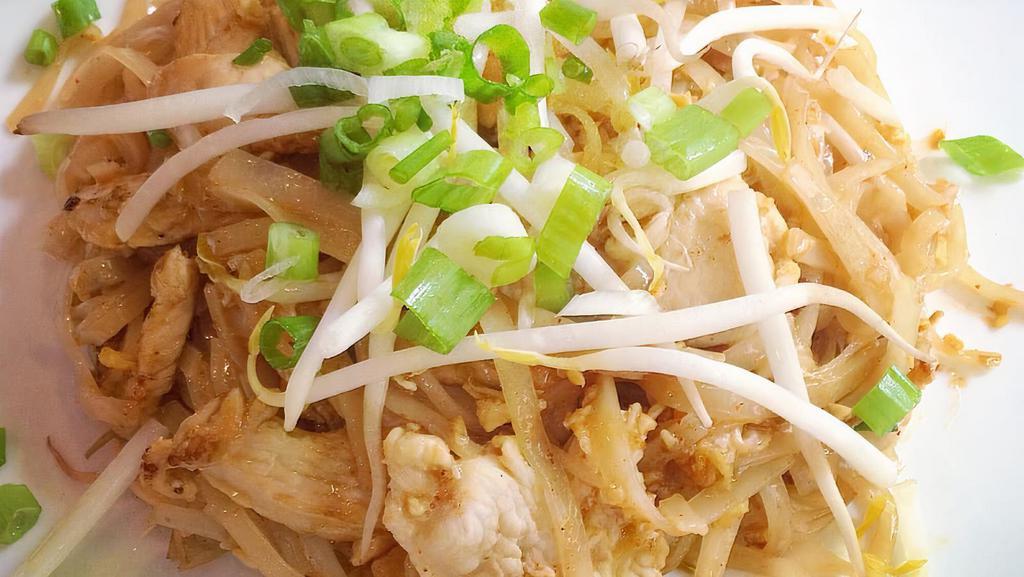 Pad Thai · Sauteed rice noodles with your choice of protein, egg, scallions, bean sprouts and crushed peanuts.