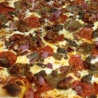 Meat Lovers Pizza · Pepperoni, meatballs, sausage, bacon, ham, sauce and mozzarella cheese.