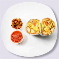 Godfather Pastrami Breakfast Burrito · Pastrami, eggs, tater tots, cheddar cheese, tomatoes and caramelized onions wrapped in a flo...